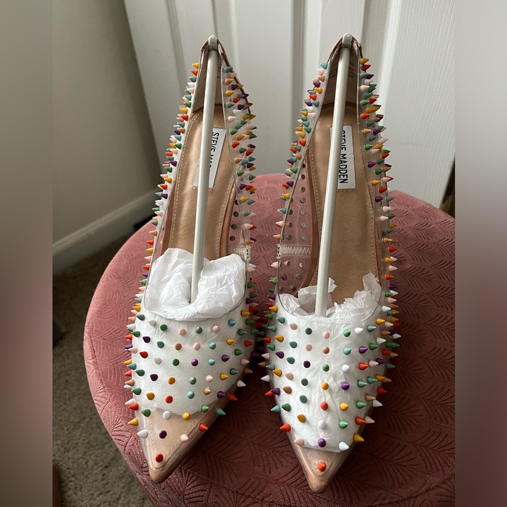 Steve Madden White Pointed Toe Heels with Multicolor Stud Spikes